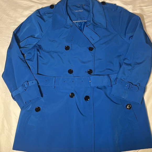 Calvin Klein Double Breast Mid Length Trench Coat Blue Belted Lined Size 0X - Picture 1 of 11